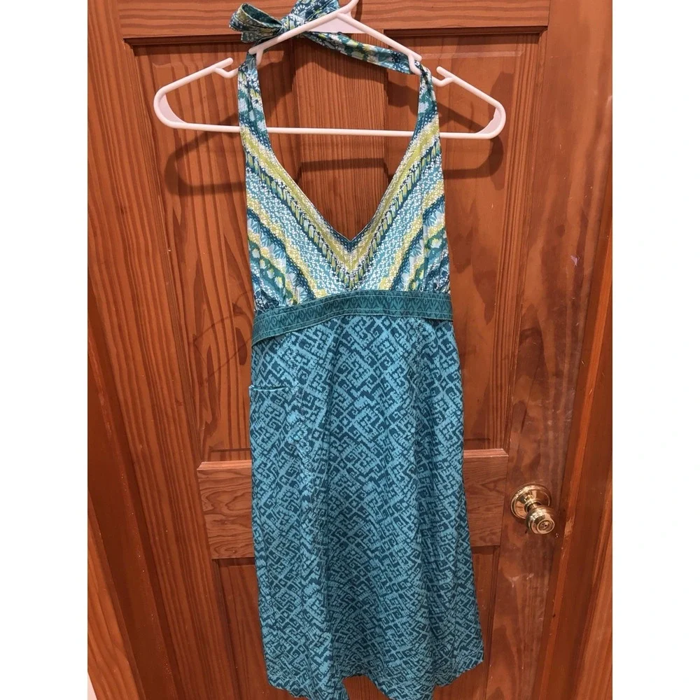 Athleta Pack Everywhere V Neck Halter Dress Turquoise Teal Geometric Design Sz 8